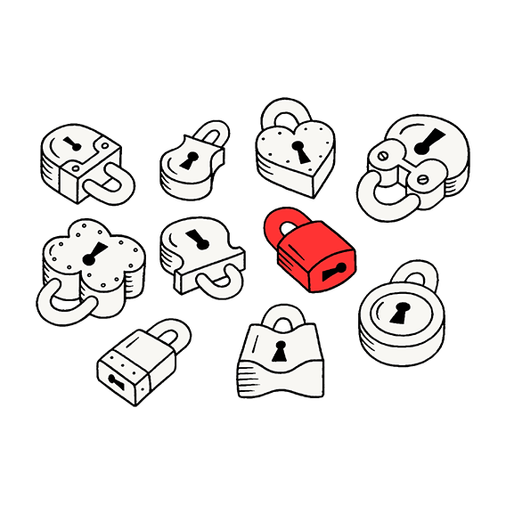 Ten illustrated locks of different sizes and styles, with one lock shown in red.