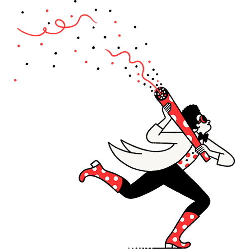 Illustration of a person wearing a blazer, polka dot shoes and shirt, and goggles celebrating with a party favor.